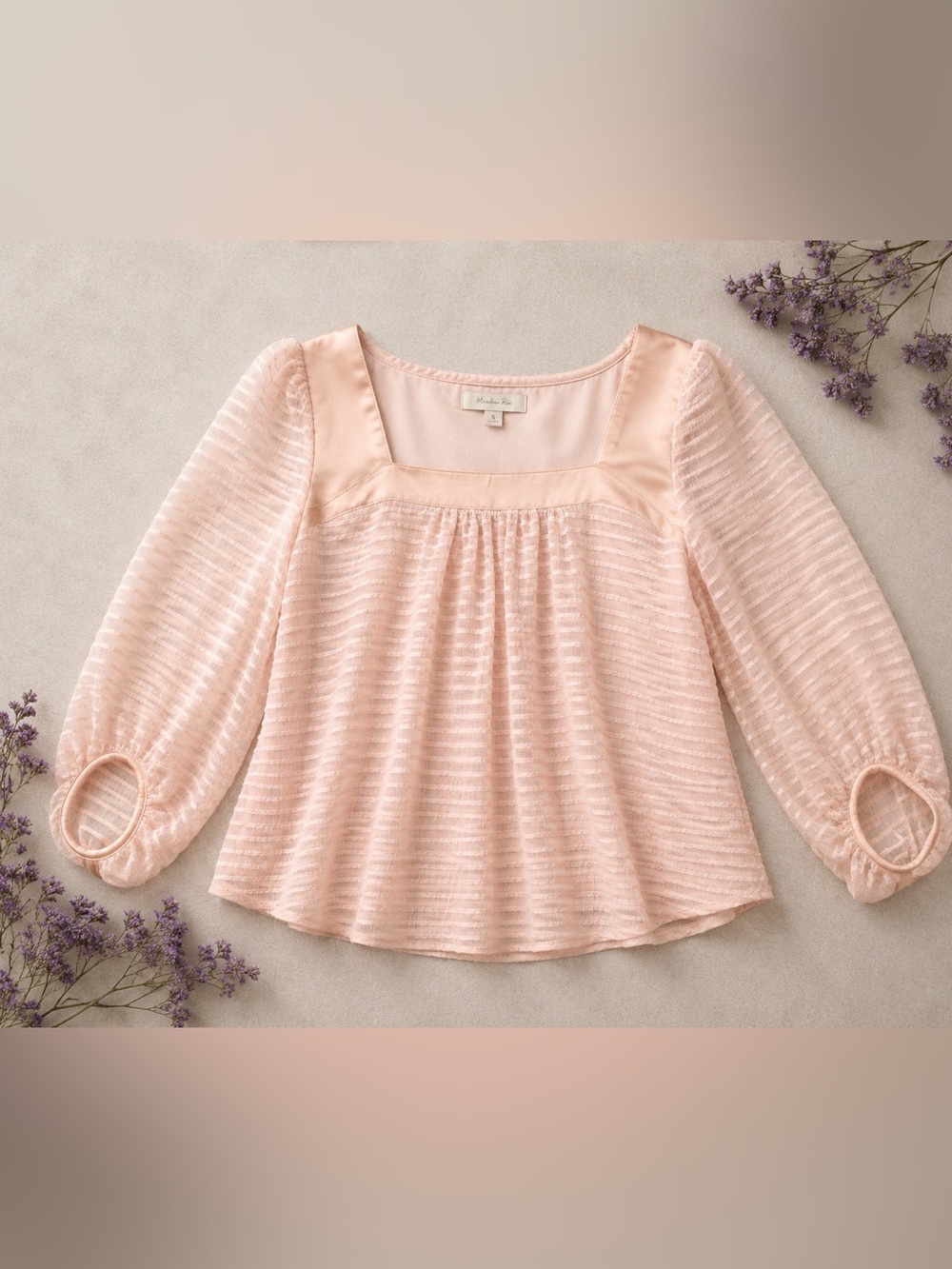 Meadow Rue Blush Textured Blouse Square Neck Sheer Sleeve Romantic Size S
